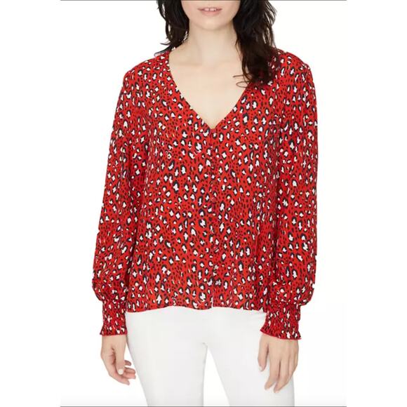 Sanctuary Noelle Leopard Print Smocked Sleeve Button Down Blouse *SMALL FLAW* - Picture 3 of 15